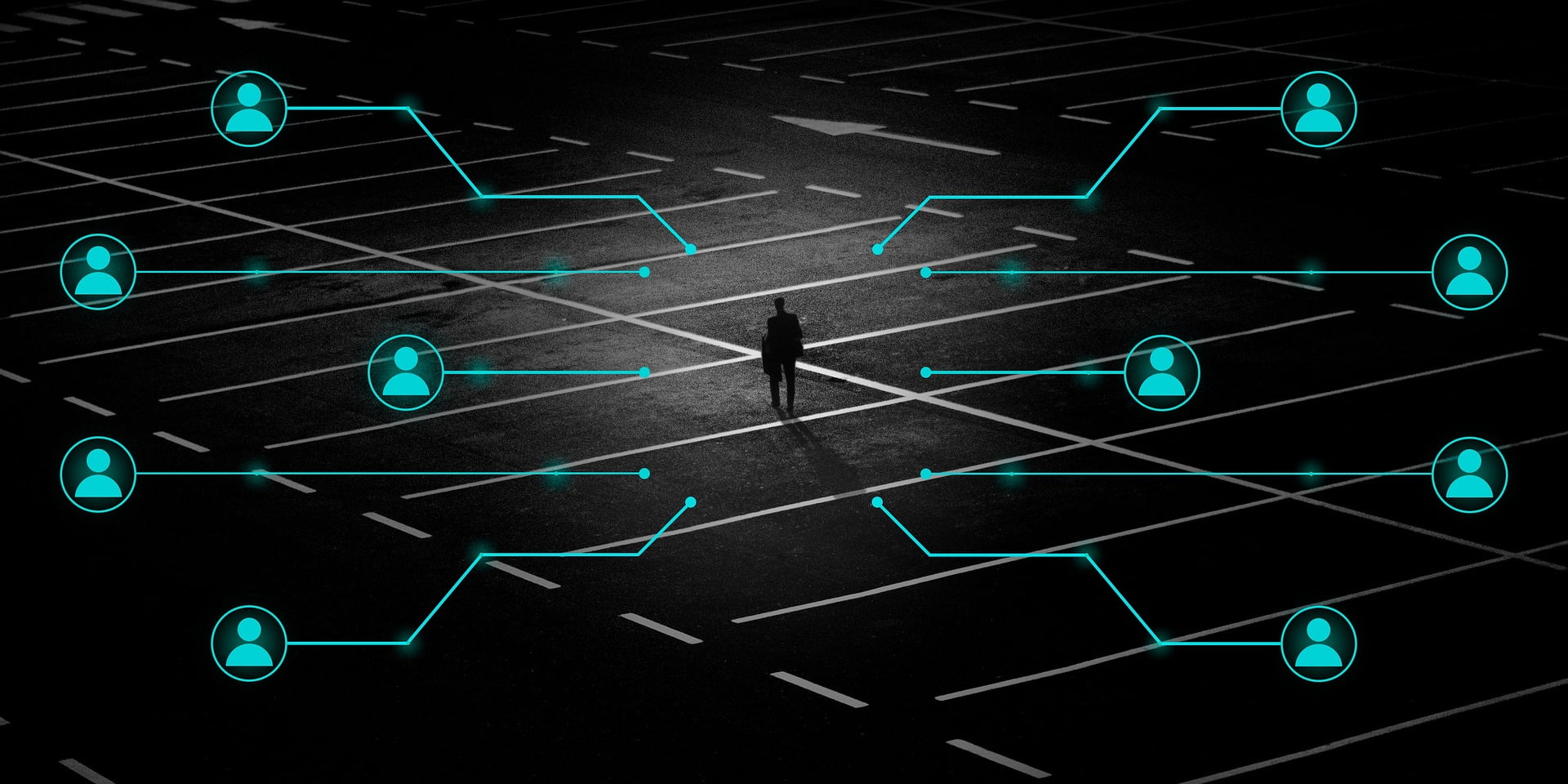 shadowy black background with blue nodes connecting a man in the middle