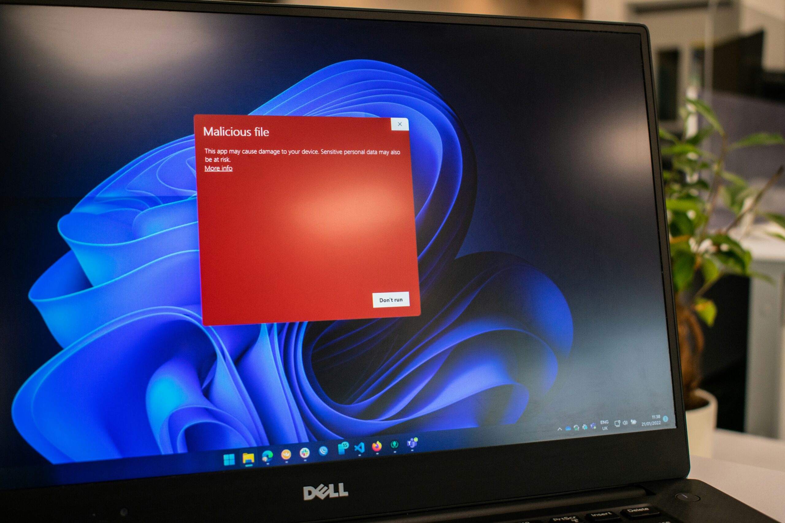 malicious file warning on windows laptop